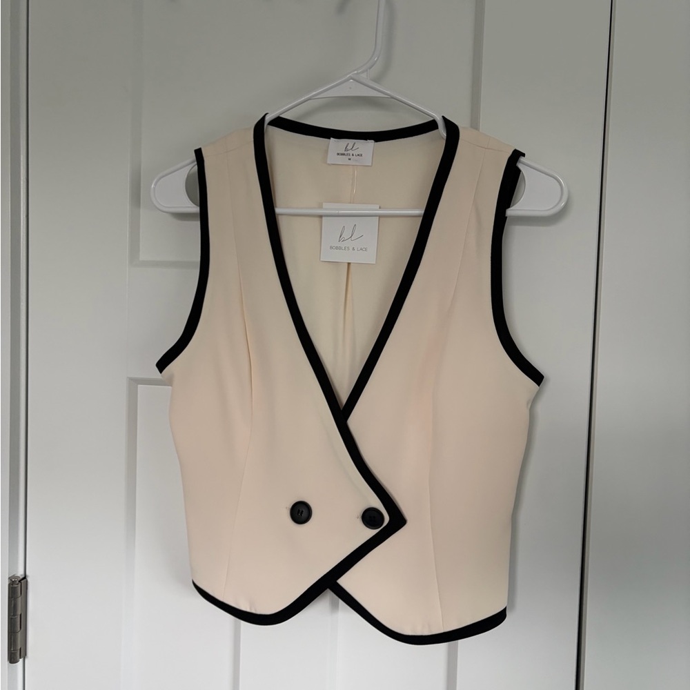 Forever 21 Cream Sleeveless Blazer Vest with Black Trim
